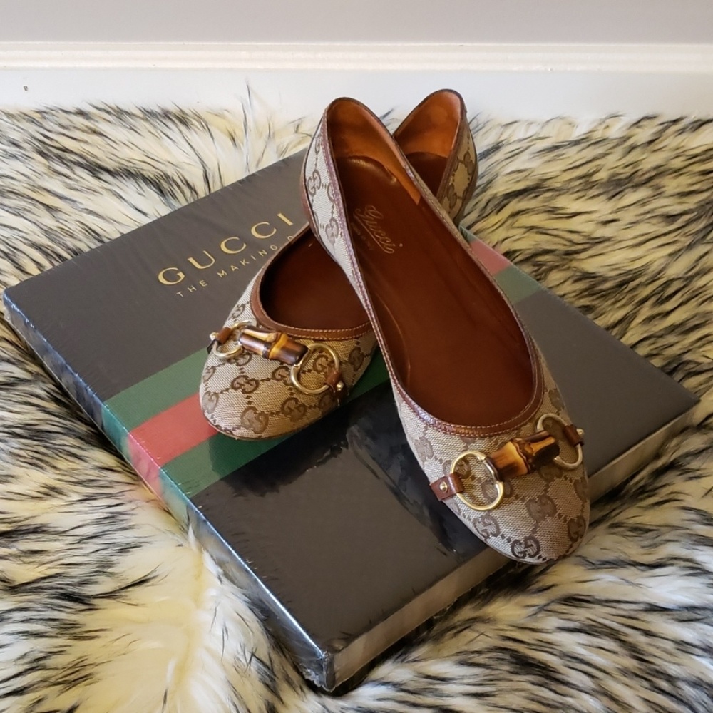 🥿 Gucci GG Web Canvas Bamboo Horsebit Flats shoes